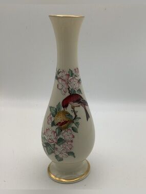 Vintage Lenox Serenade Cream Bud Vase with Pink Blossoms and Red Bird